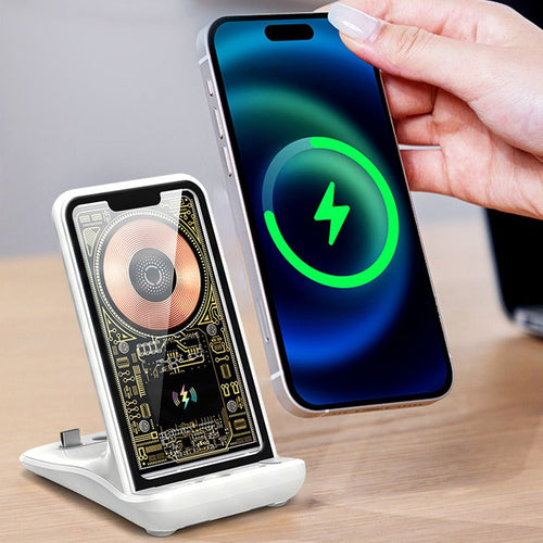 Arenzza 100W wireless fast charger and phone holder with sleek design and adjustable stand for convenient phone charging.