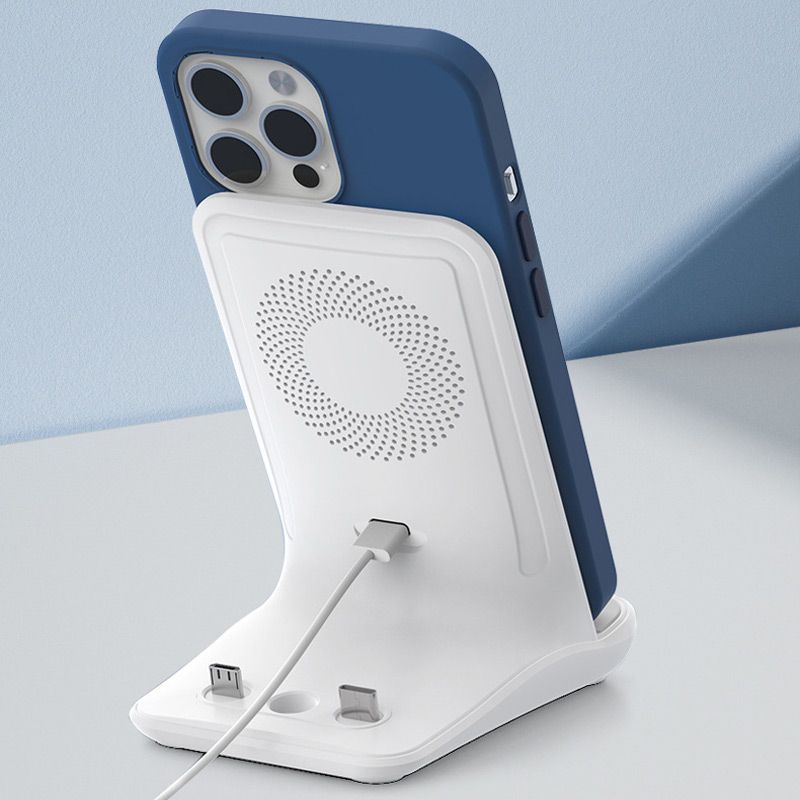 Arenzza 100W wireless fast charger and phone holder in black, showing the device with a smartphone mounted for charging.