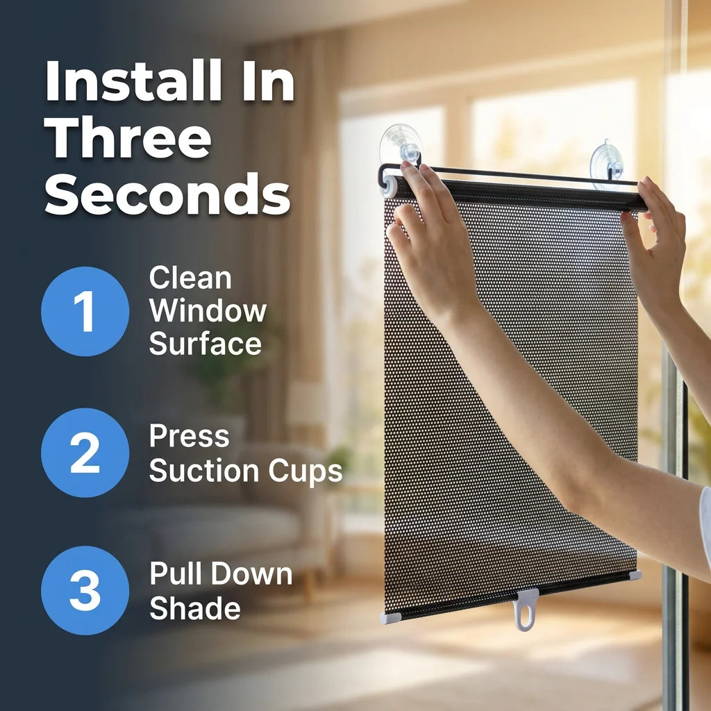 Aarenzza EasyShade No-Drill heat blocking shade with a cool, comfortable fabric cover, shown in a step-by-step installation guide.