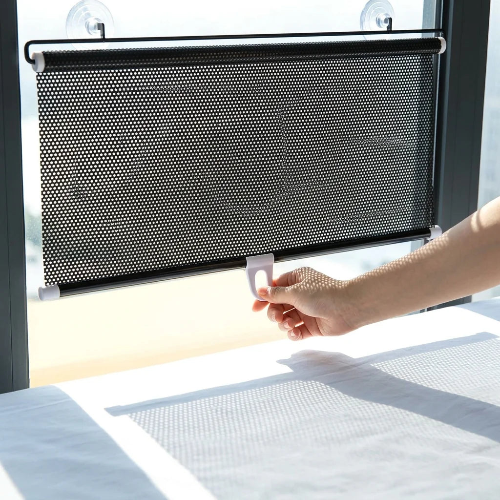Aarenza EasyShade™ no-drill heat blocking shade providing instant cool comfort, shown in a relaxed outdoor lifestyle scene.