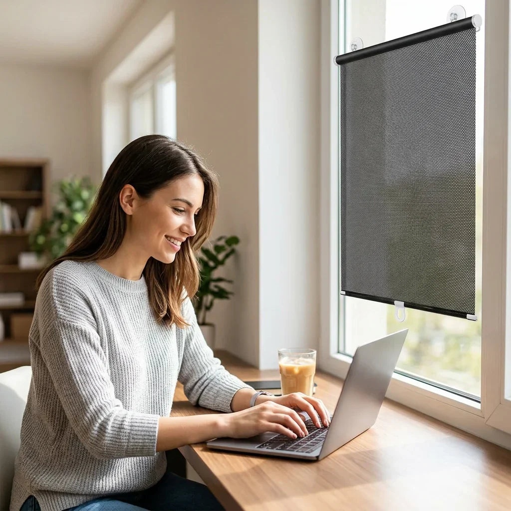 Aarenza EasyShade™ no-drill heat blocking shade providing instant cooling and comfort in a lifestyle scene with people outdoors.