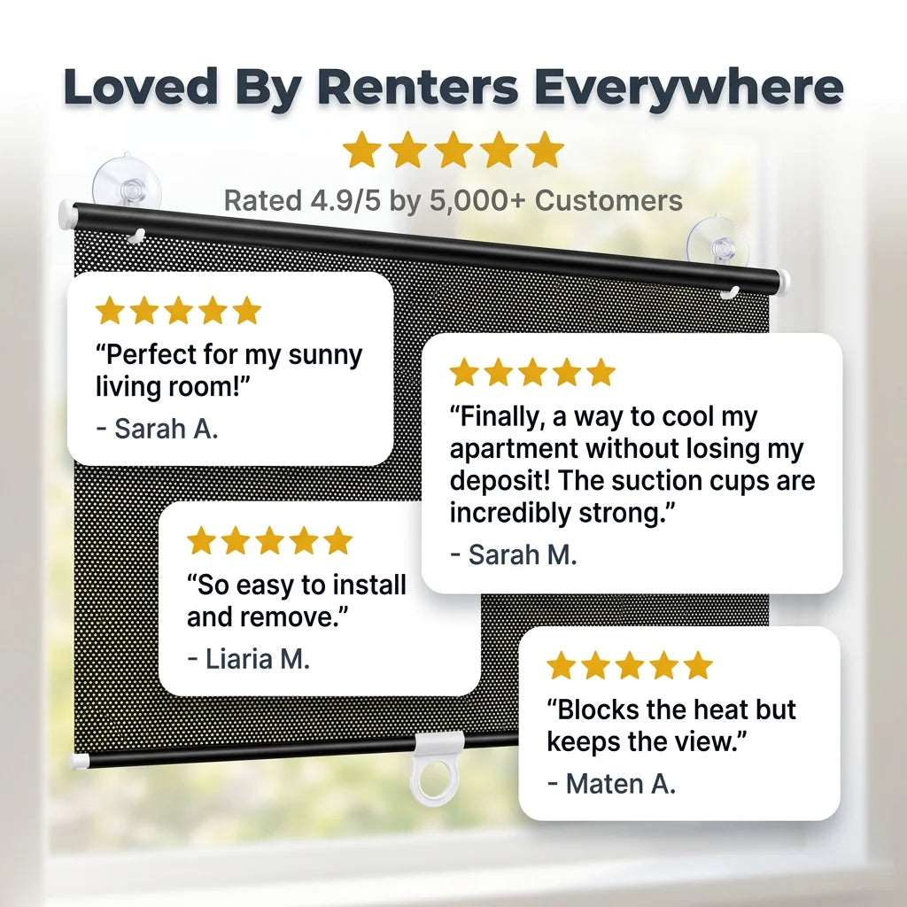 Arenzza EasyShade™ no-drill heat blocking shade installed on a window, providing instant cool comfort without damage or hassle.