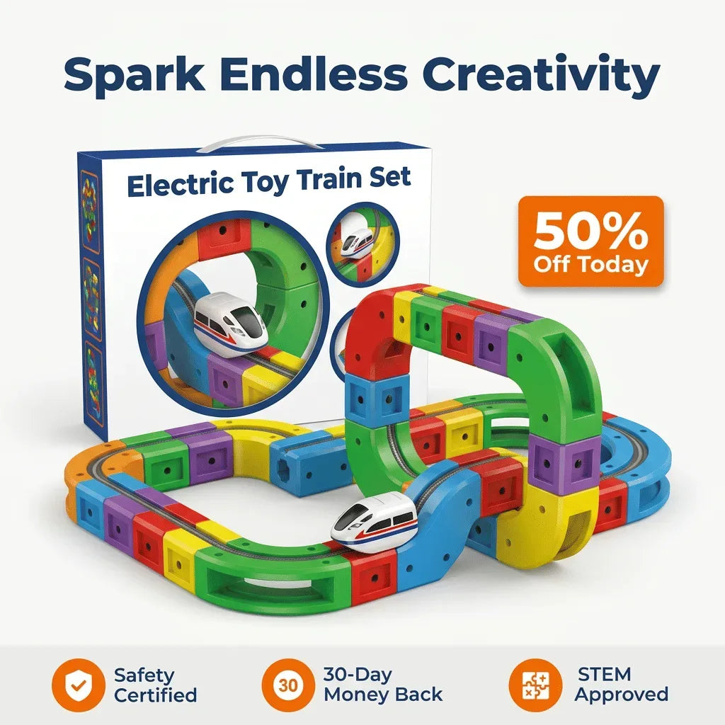 Arenzza electric toy train set with colorful train cars on a track, designed to help children develop motor skills and coordination.