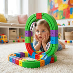 Arenzza electric toy train set with colorful train cars and tracks, designed to promote motor skills in children.