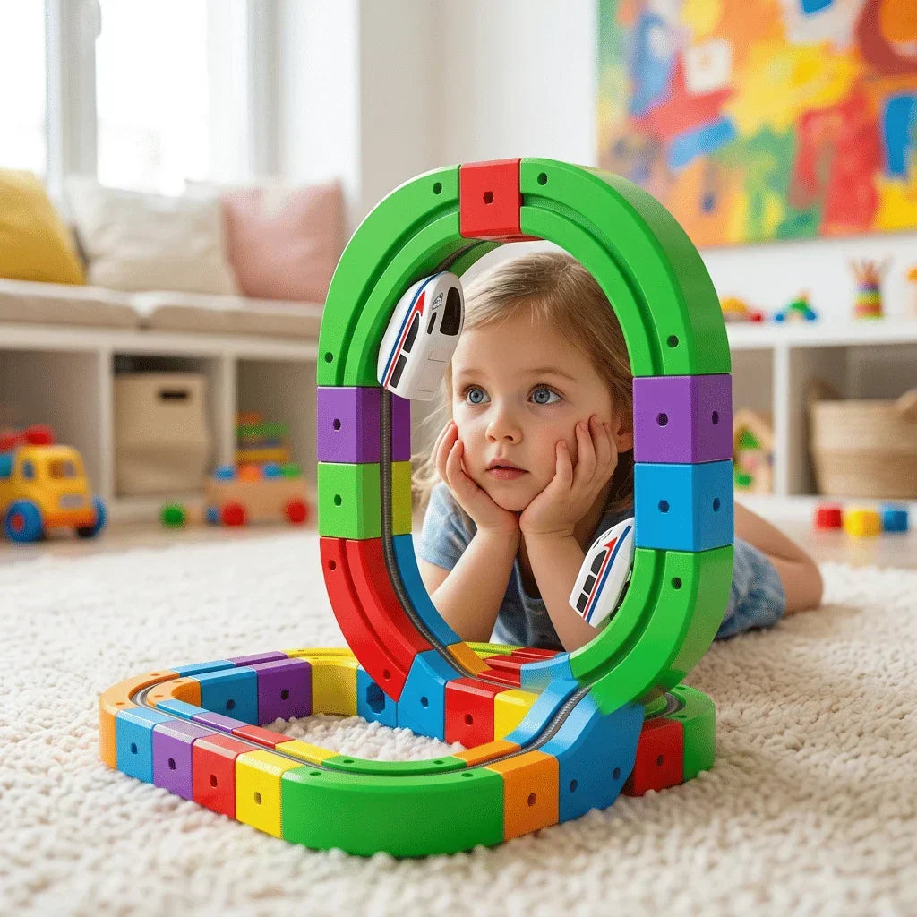 Arenzza electric toy train set with colorful train cars and tracks, designed to promote motor skills in children.