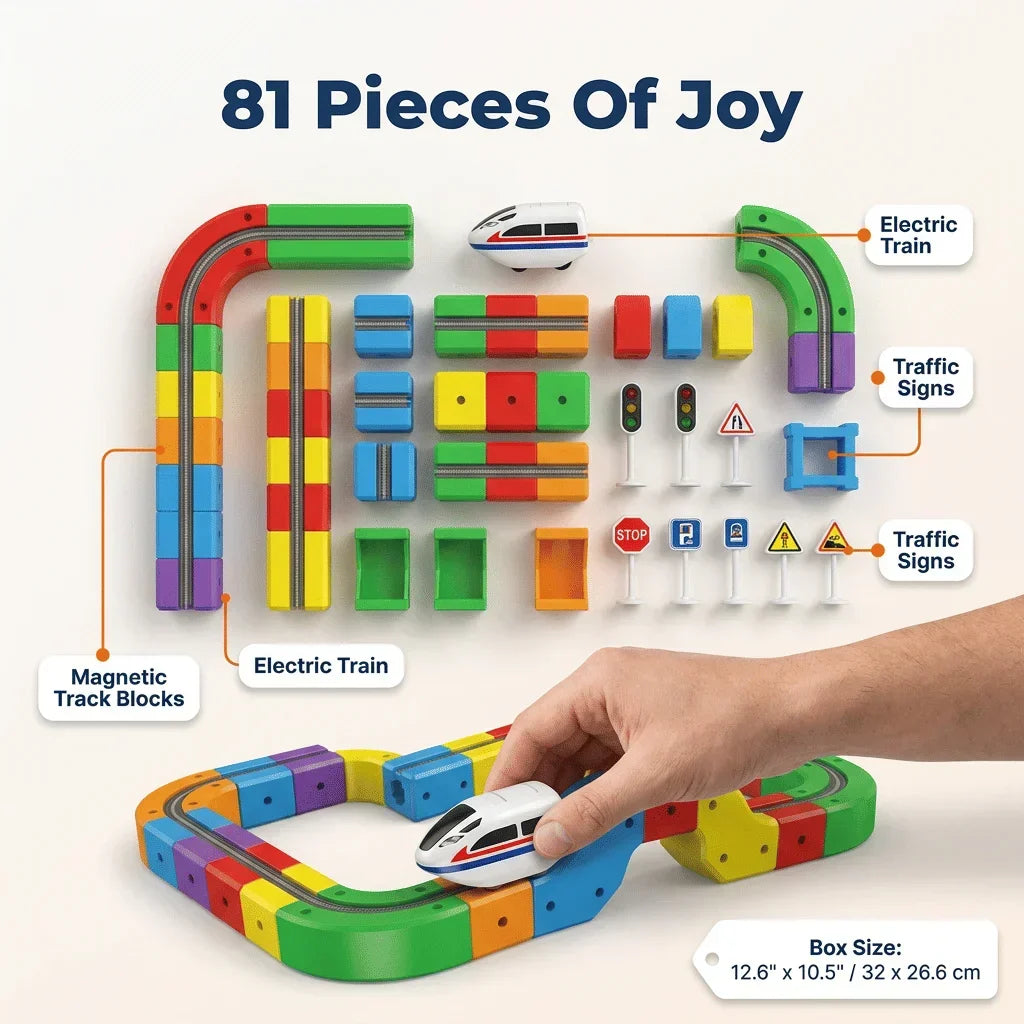 Arenzza electric toy train set with colorful train cars and track, designed to promote motor skills and imaginative play.