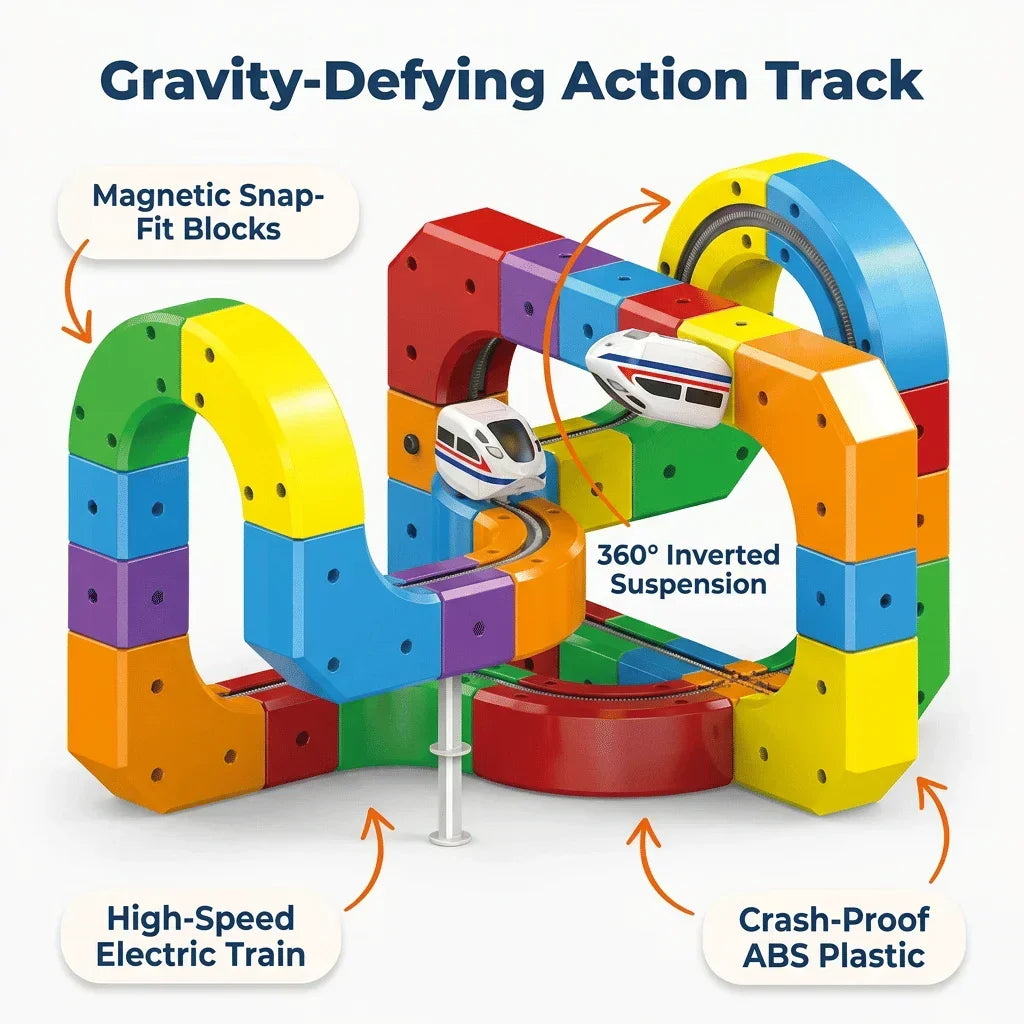 Arenzza electric toy train set with colorful train cars on a track, designed for motor skills learning and imaginative play.