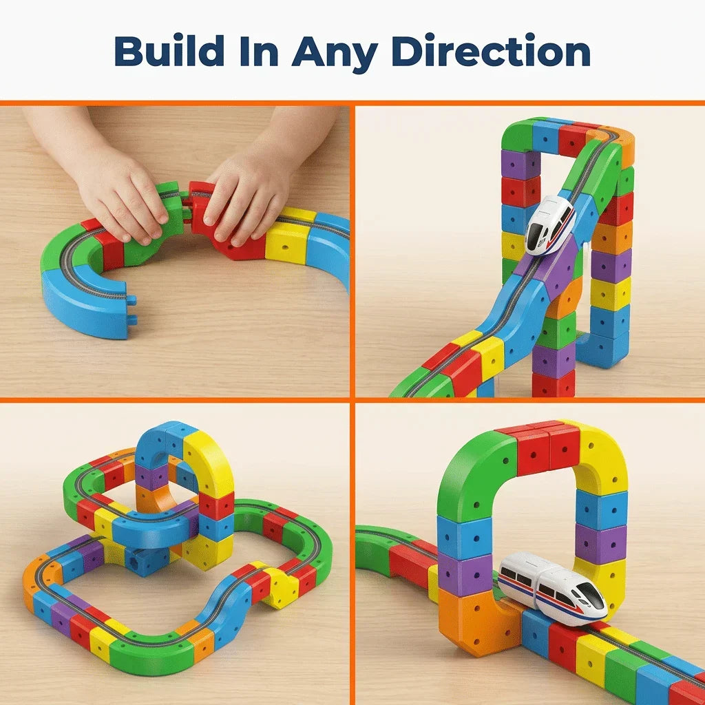 Arenzza electric toy train set with colorful train cars on tracks, designed for motor skills learning and children's play.