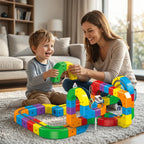 Arenzza electric toy train set with colorful train cars on a track, designed for motor skills learning and imaginative play.