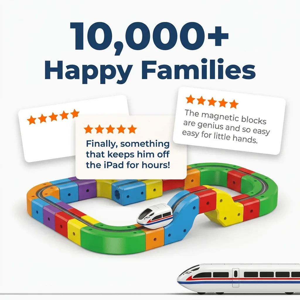Arenzza electric toy train set with colorful train cars and tracks, designed to help children develop motor skills and problem-solving.