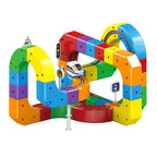 Aarenza BuildLoop™ DIY magnetic train track set with colorful pieces and a child assembling the creative, active train layout.