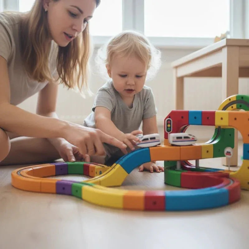 Aarenza BuildLoop™ DIY Magnetic Train Track Set with colorful tracks and magnetic trains for creative and active play.