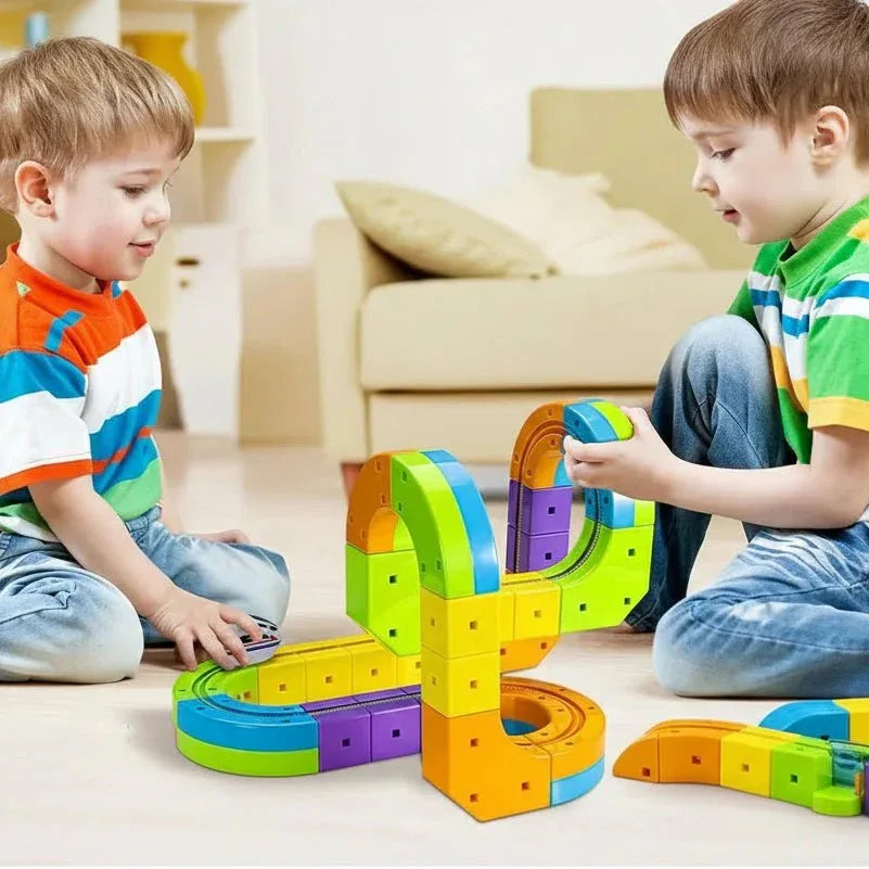 Aarenza BuildLoop™ DIY magnetic train track set with colorful curved and straight tracks for creative play and active fun.