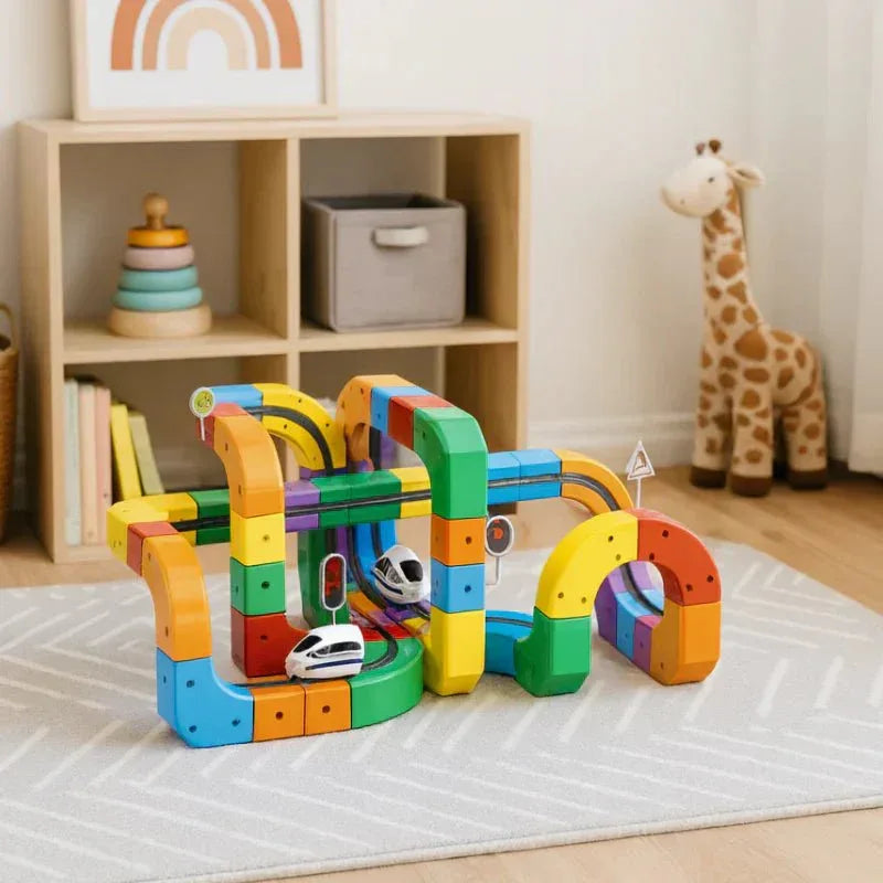 Aarenza BuildLoop™ DIY Magnetic Train Track Set with colorful tracks, magnetic connectors, and a creative, active play scene.