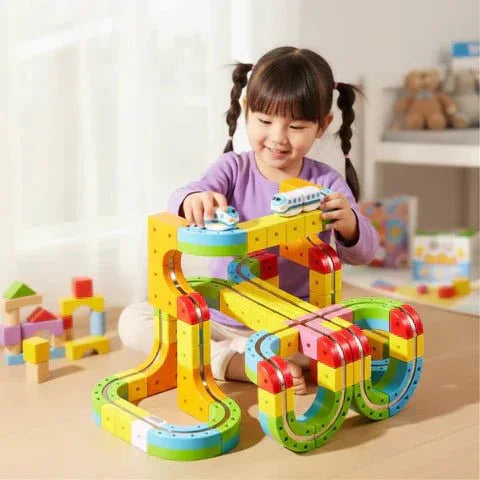 Aarenza BuildLoop™ DIY Magnetic Train Track Set with colorful train pieces and flexible track pieces for creative play