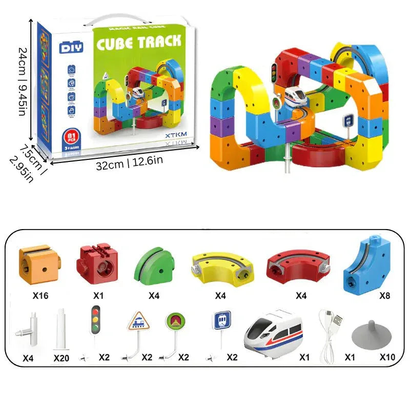 Aarenza BuildLoop DIY magnetic train track set with colorful curved and straight tracks, designed for creative and active play.