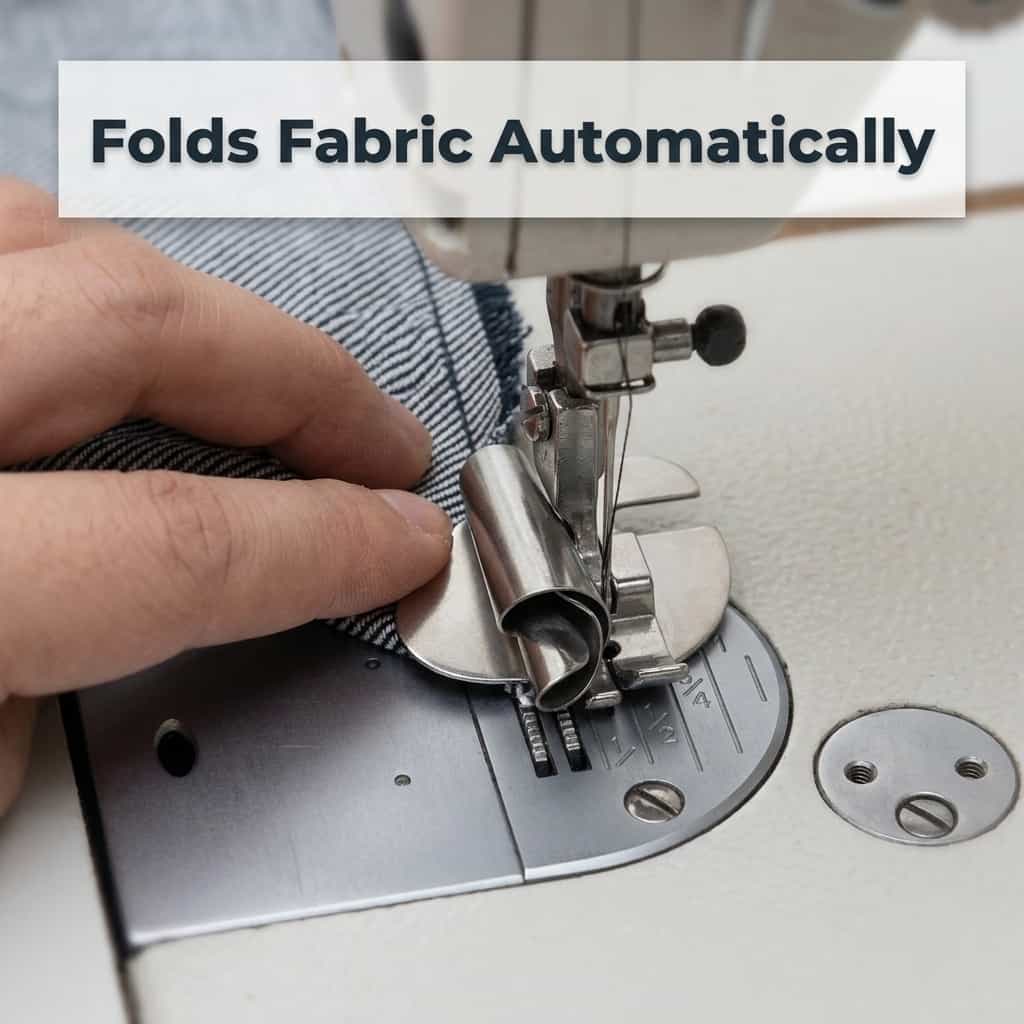 Close-up of the Arenzza EasyHem™ universal sewing machine foot with four action features, showing its versatile design for hemming fabric.
