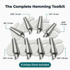 A bundle of six EasyHem™ universal sewing machine hemming tools by Arenzza, showing different components included in the set.