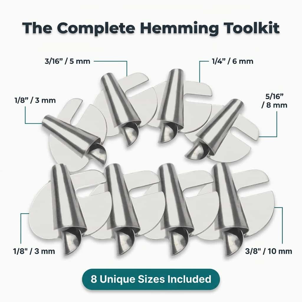 A bundle of six EasyHem™ universal sewing machine hemming tools by Arenzza, showing different components included in the set.