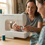 A person using the Arenzza EasyHem™ universal sewing machine hemming tool on fabric in a home sewing workspace.