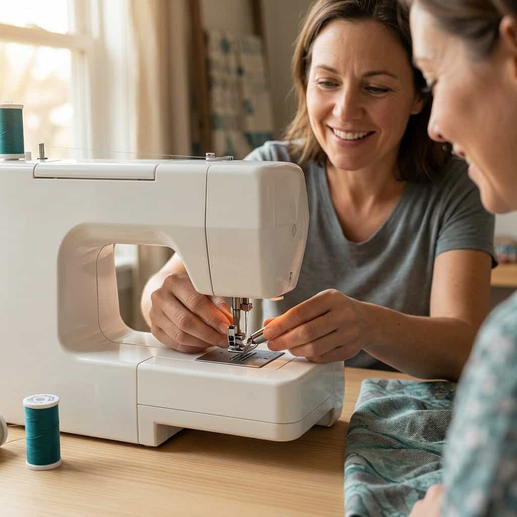 A person using the Arenzza EasyHem™ universal sewing machine hemming tool on fabric in a home sewing workspace.