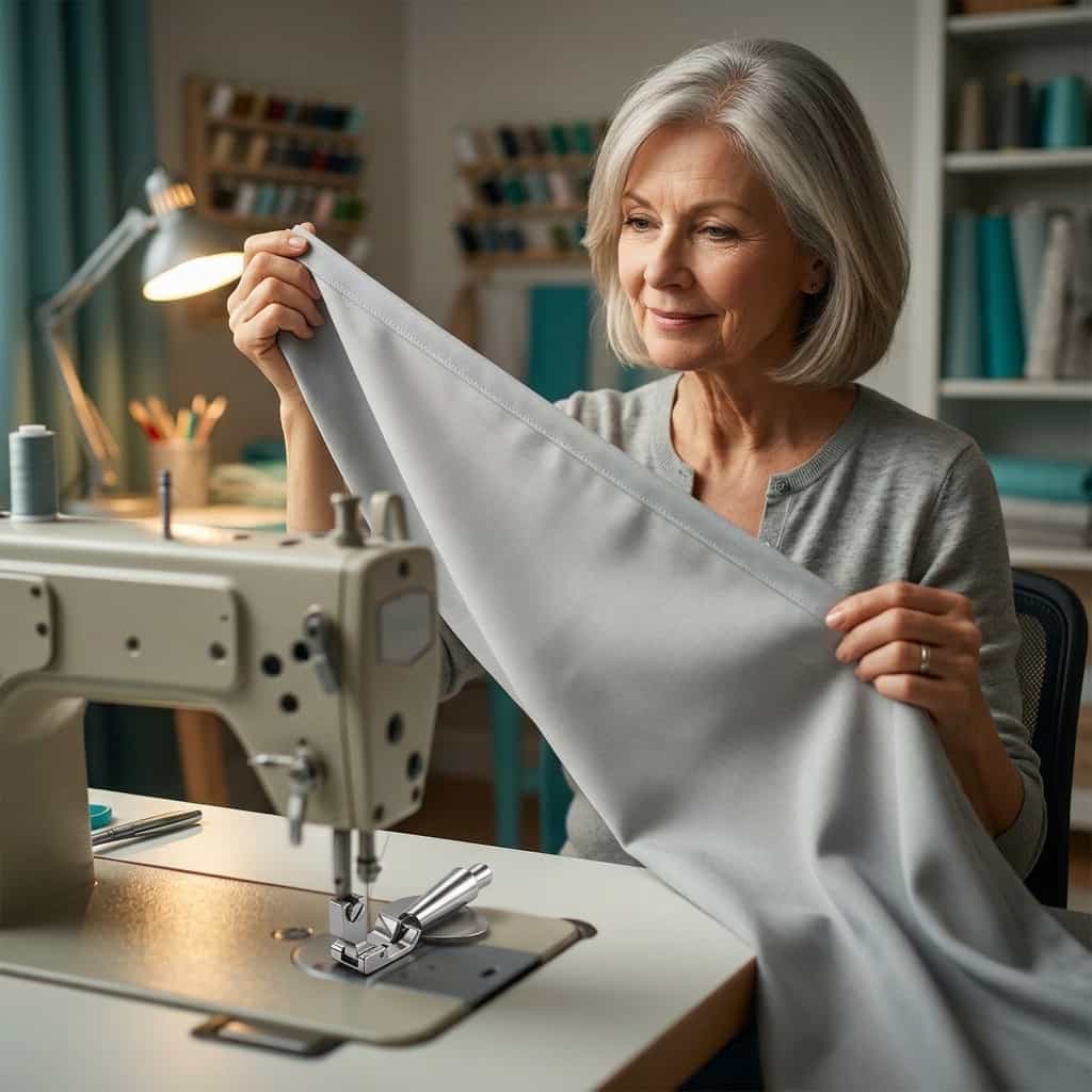 A person using the Arenzza EasyHem™ universal sewing machine hem guide in a home sewing workspace.