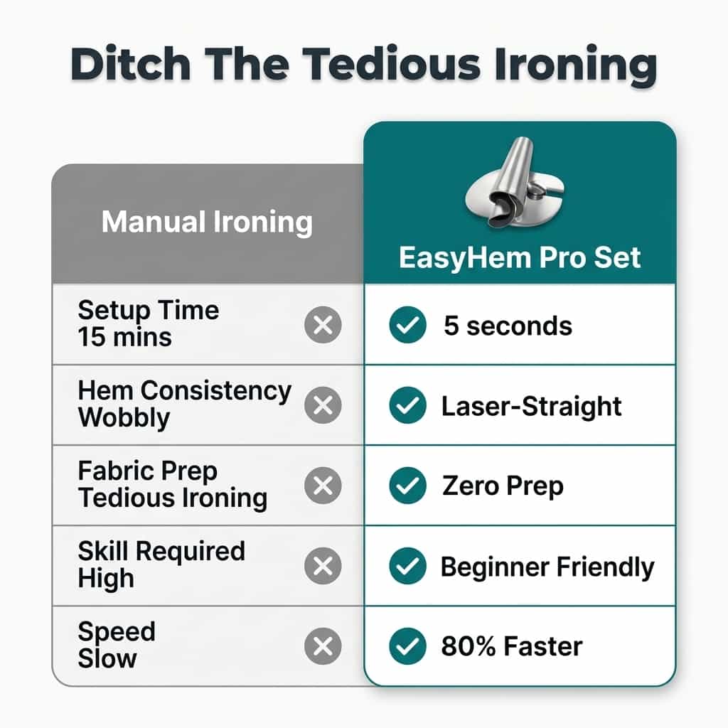 Comparison table showing EasyHem™ universal-fit sewing machine accessories by Arenzza with features and compatibility details.