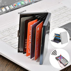 Arenzza RFID credit card case bag with multiple card slots, compact design, black leather exterior, and secure RFID blocking feature.