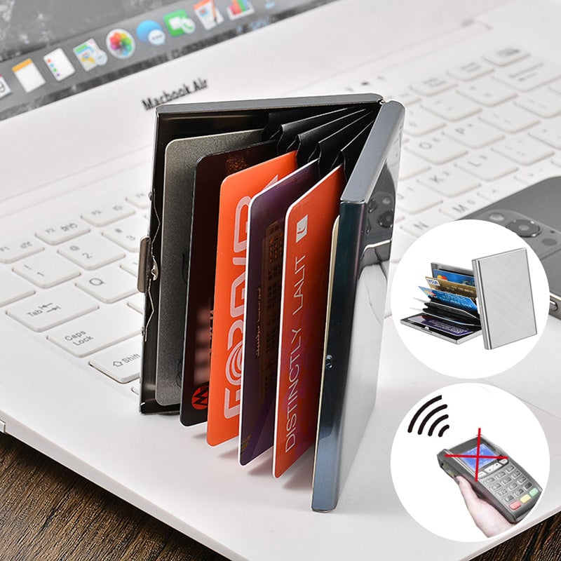 Arenzza RFID credit card case bag with multiple card slots, compact design, black leather exterior, and secure RFID blocking feature.