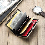 Arenzza RFID credit card case bag with secure card slots and sleek design, shown in a close-up image.