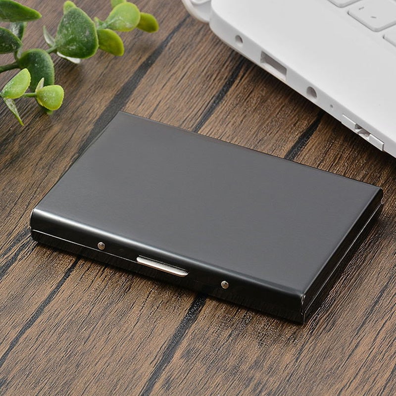 Arenzza RFID credit card case bag with multiple card slots and sleek design, shown in a close-up image.
