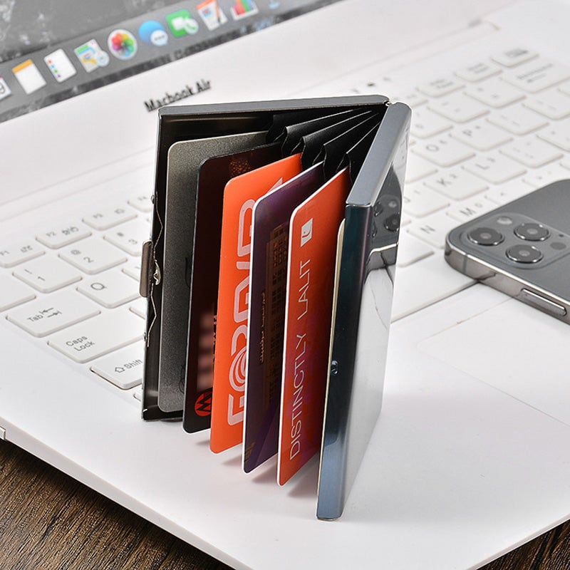 Arenzza RFID credit card case bag with multiple card slots and secure closure, designed to protect credit cards from RFID scanning.