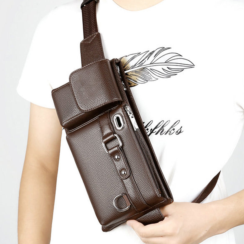 Men's Arenzza leather waist bag with business-style design, featuring multiple compartments and adjustable strap for convenient carrying.
