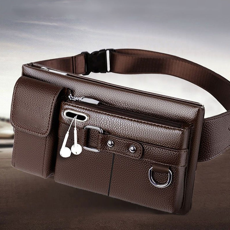 Men's portable leather waist bag by Arenzza, business-style bag with adjustable strap and multiple compartments for essentials.
