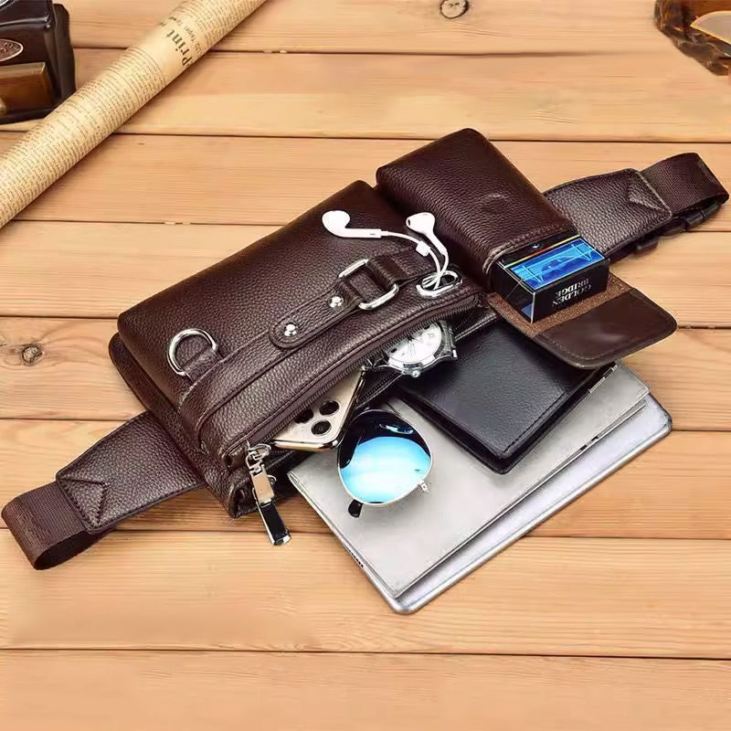Men's portable business-style leather waist bag by Arenzza, featuring a sleek compact design with multiple compartments.