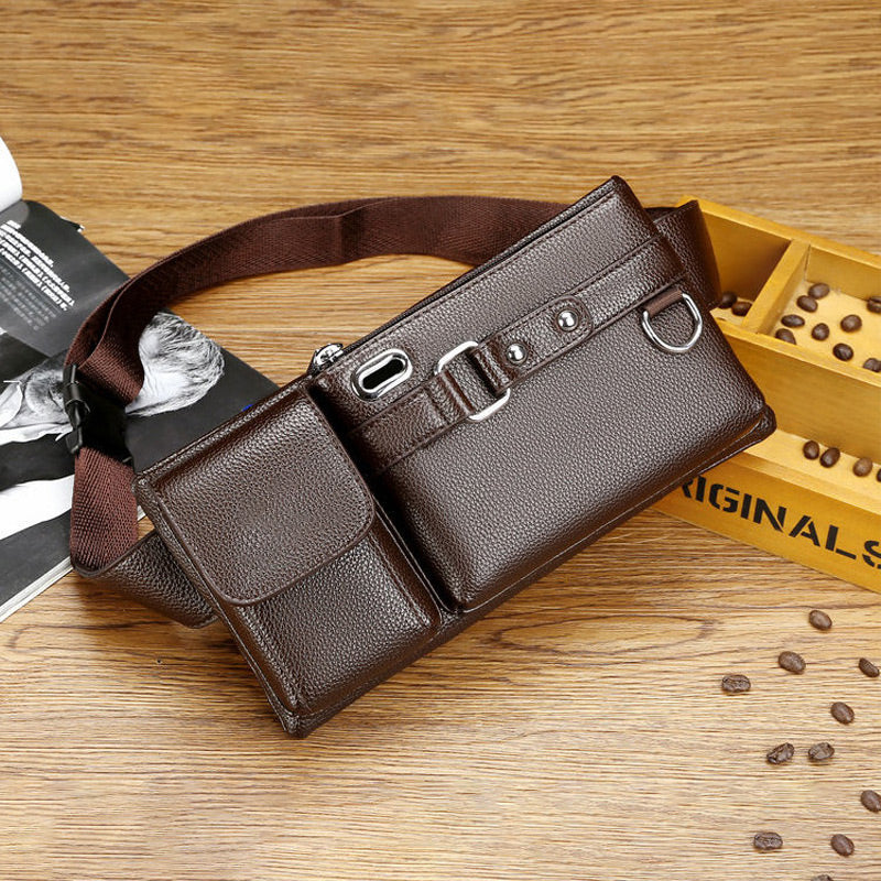 Men's leather waist bag by Arenzza, portable business-style bag with multiple compartments and adjustable strap for convenience.