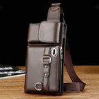 Men's portable business-style leather waist bag by Arenzza, showing the sleek black leather bag with multiple compartments.