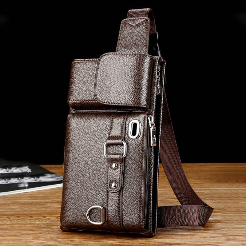 Men's portable business-style leather waist bag by Arenzza, showing the sleek black leather bag with multiple compartments.