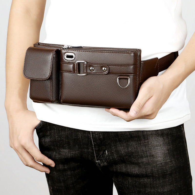 Men's leather waist bag by Arenzza, portable business-style bag with multiple compartments and sleek design for professional use.