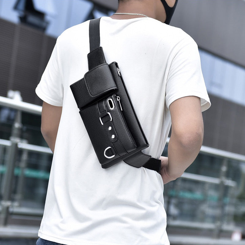Men's portable business-style leather waist bag by Arenzza, showing sleek black leather design with adjustable strap and multiple compartments.