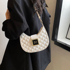 Aarenza women's quilted dumpling design chain crossbody bag in neutral color with quilted pattern and chain strap.