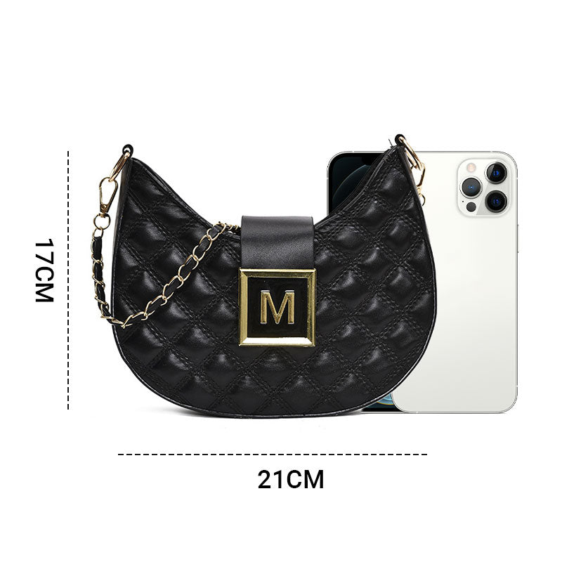 Aarenza women's quilted dumpling design chain crossbody bag with a stylish quilted pattern and chain strap, in a sleek, modern style.
