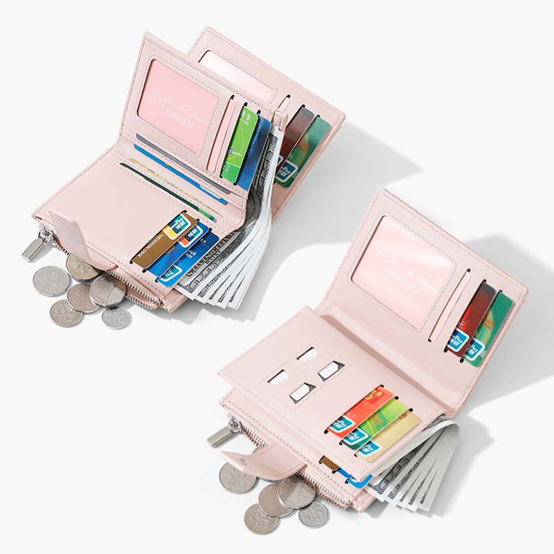 Arenzza handheld multi-layer zipper wallet with two folds, showcasing its compact design and multiple compartments.
