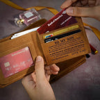 Aarenza engraved genuine leather wallet in a bag, showcasing detailed craftsmanship and rich brown leather with personalized engraving.