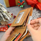 Aarenza engraved genuine leather wallet showcasing detailed craftsmanship with a sleek, compact design.