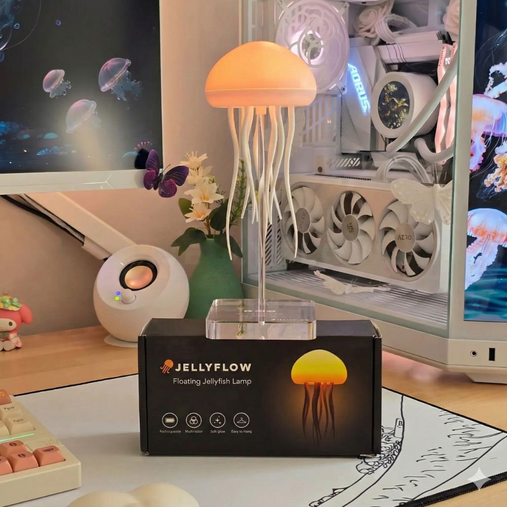 Aarenza JellyFlow™ Rechargeable Floating Jellyfish Lamp with glowing, realistic jellyfish design floating in water for home decor.