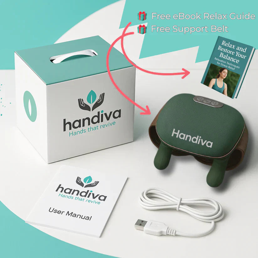 Arenzza The Handiva™ real hands neck and shoulder massager demonstrating its ergonomic design and textured massage nodes.