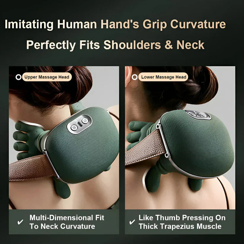Arenzza Handiva™ real hands neck and shoulder massager in use, demonstrating the device's realistic hand movements on a person's shoulder.