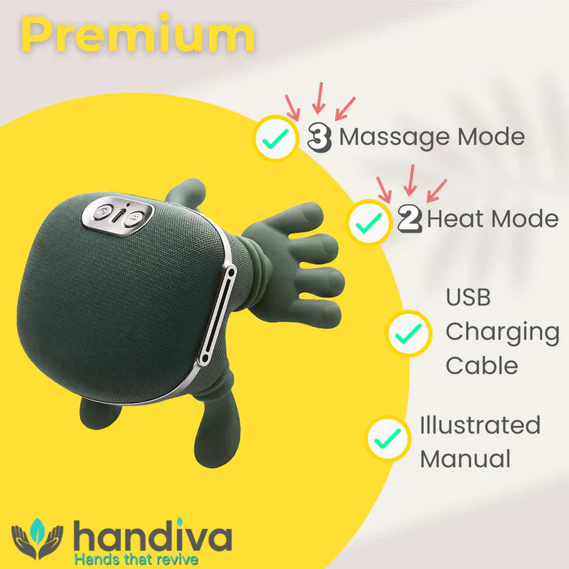 Arenzza Handiva™ real hands neck and shoulder massager with textured grips and ergonomic design, shown in a close-up image.