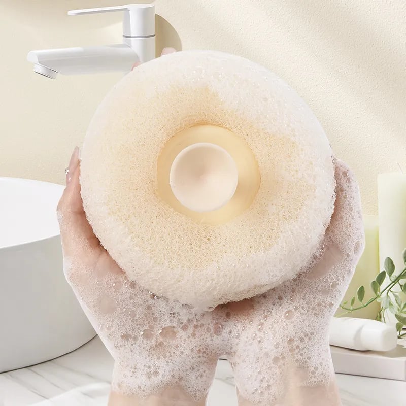 Super soft sunflower suction cup bath ball by Arenzza, shown in a bathroom setting with bright yellow sunflower design.